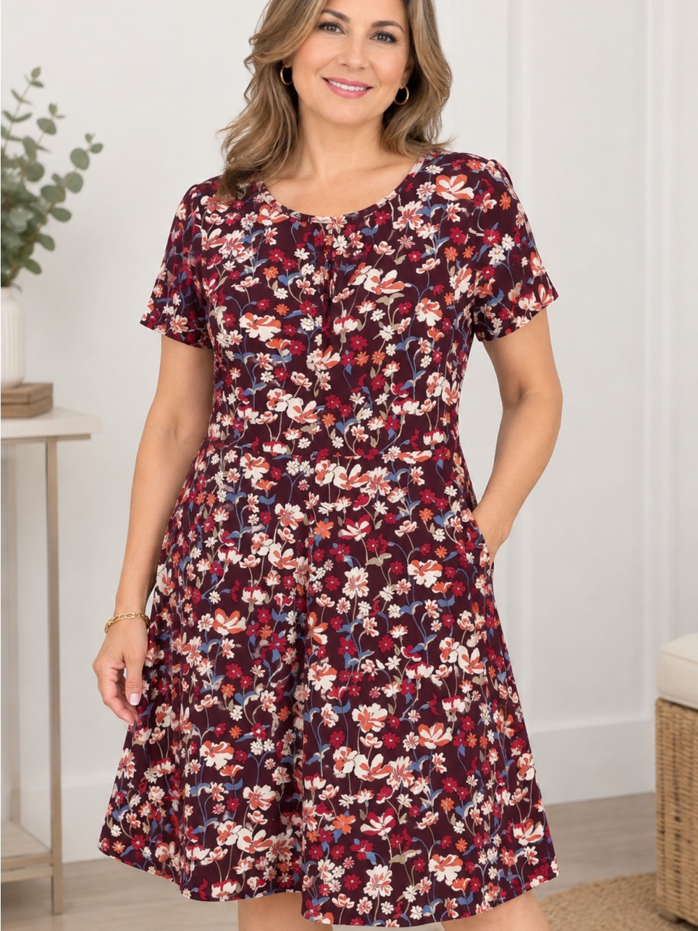 TOMMY HILFINGER Floral Fit & Flare Dress in Burgundy, size 10.